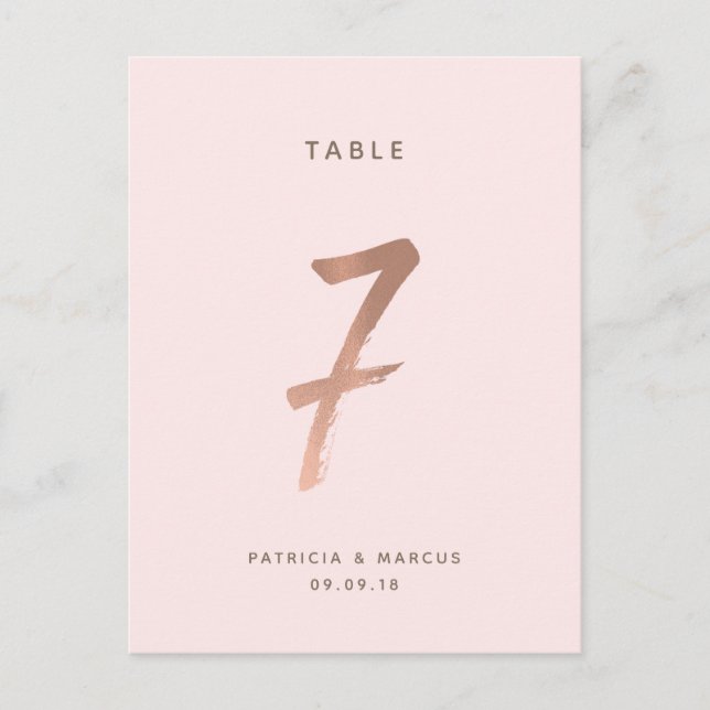 Modern Brush Rose Gold Wedding Table number 7 Postcard (Front)