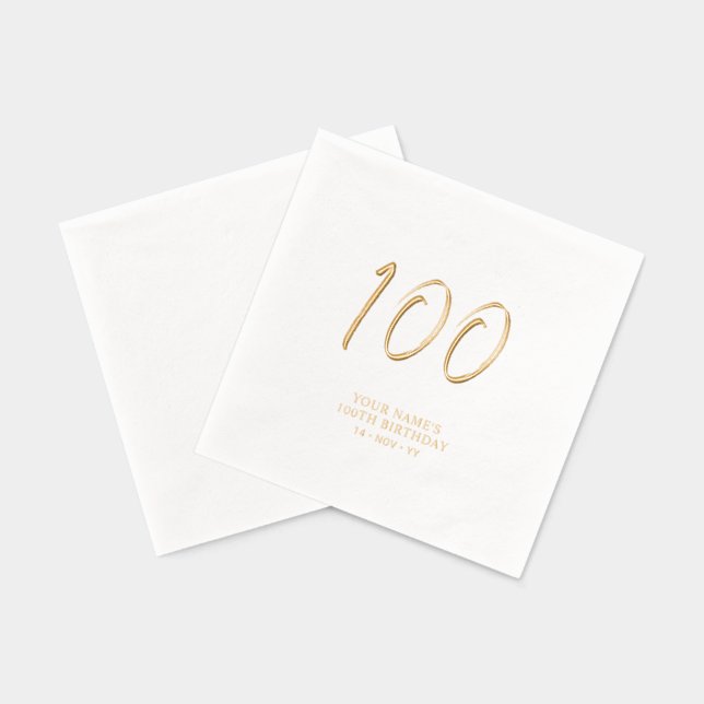 Modern Brush Script 100th Birthday Party Foil Napkins (Back)