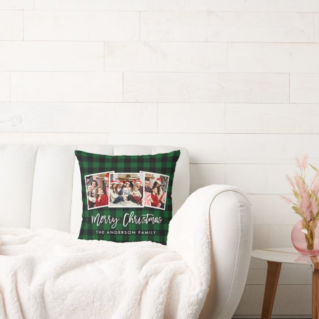 Modern Brush Script 3 Photo Christmas Green Plaid Cushion (Couch)