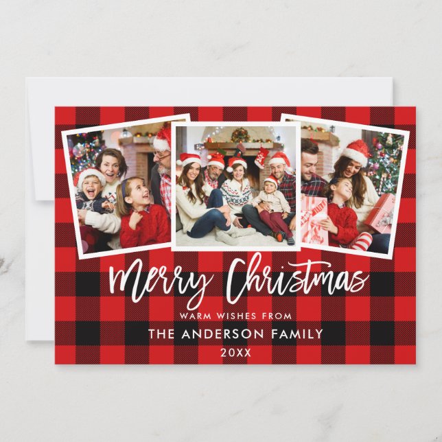 Modern Brush Script 3 Photo Christmas Red Plaid Holiday Card (Front)