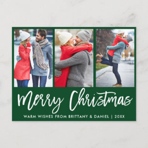 Modern Brush Script 3 Photo Couple Christmas Green Postcard