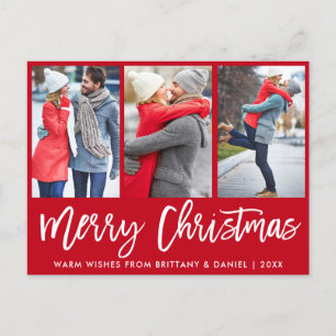 Modern Brush Script 3 Photo Couple Christmas Red Postcard