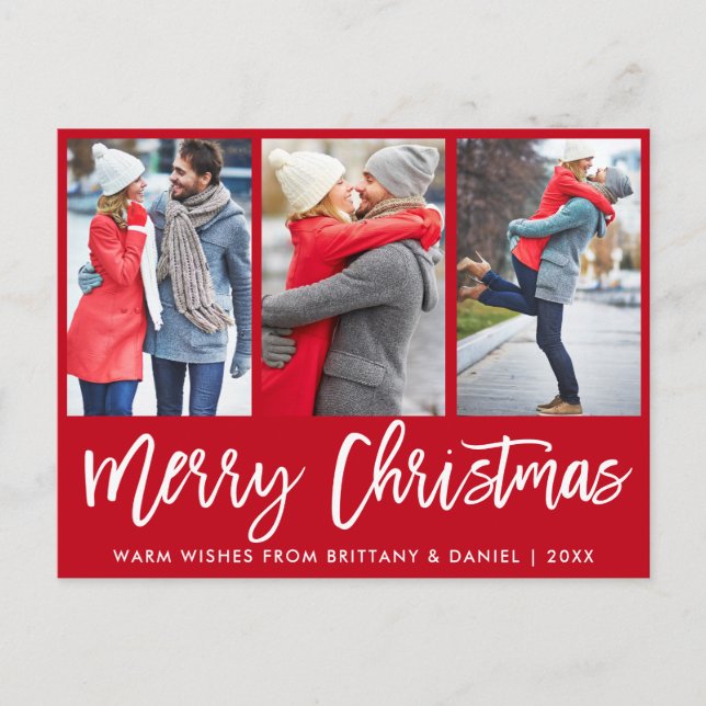 Modern Brush Script 3 Photo Couple Christmas Red Postcard (Front)