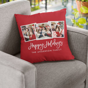 Modern Brush Script 3 Photo Holidays Red Cushion