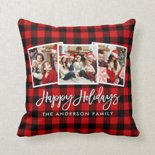 Modern Brush Script 3 Photo Holidays Red Plaid Cushion