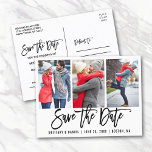 Modern Brush Script 3 Photo Save The Date Wht Postcard<br><div class="desc">Modern Brush Script Save The Date Engagement Couple 3 Photo Postcard White</div>
