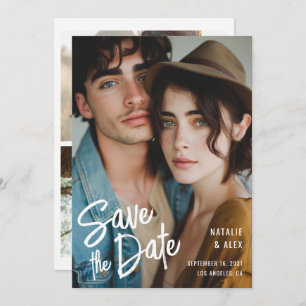 Modern Brush Script 3 Photo Wedding Save the Date Invitation