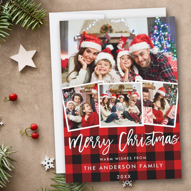 Modern Brush Script 4 Photo Christmas Red Plaid Holiday Card (Customize to add text or more photos to back of card.)