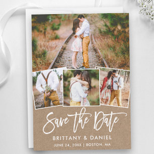 Modern Brush Script 4 Photo Collage Kraft Save The Date