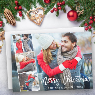 Modern Brush Script 4 Photo Couple Collage Holiday Card