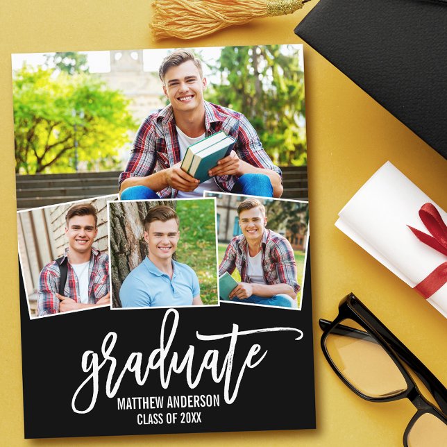 Modern Brush Script 4 Photo Graduation Party Invitation Postcard (Customize to change your personalized text size or text style.)
