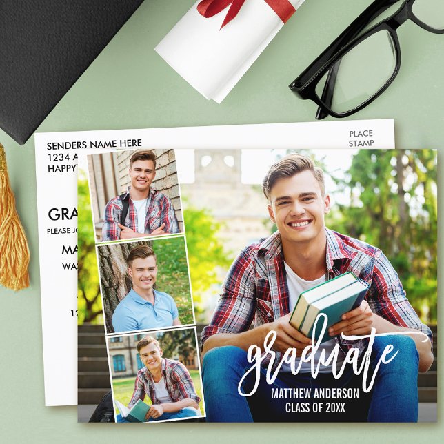 Modern Brush Script 4 Photo Graduation Party Postcard (Customize with your photos and text.)