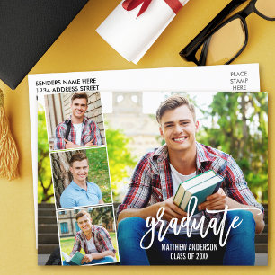 Modern Brush Script 4 Photo Graduation Postcard