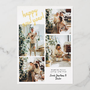 Modern Brush Script 4 Photo Happy New Year Gold Foil Holiday Card