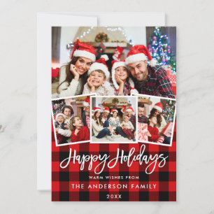 Modern Brush Script 4 Photo Holidays Red Plaid Holiday Card
