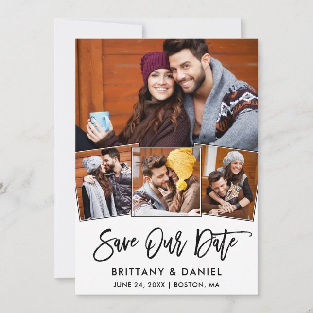 Modern Brush Script 4 Photo Save Our Date Card (Front)