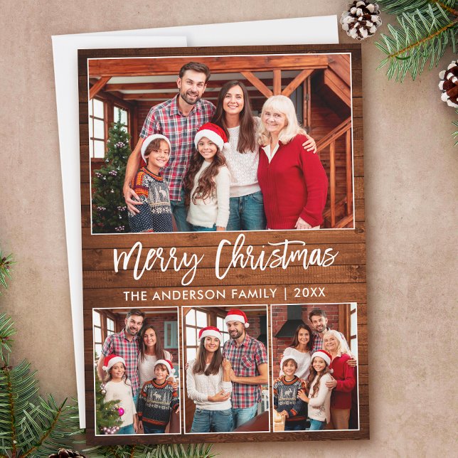 Modern Brush Script 4 Photos Wood Merry Christmas Holiday Card (Customize to add text to back of card.)