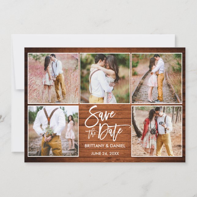 Modern Brush Script 5 Photo Rustic Wood Save The Date (Front)