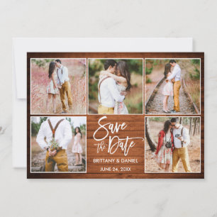 Modern Brush Script 5 Photo Rustic Wood Save The Date