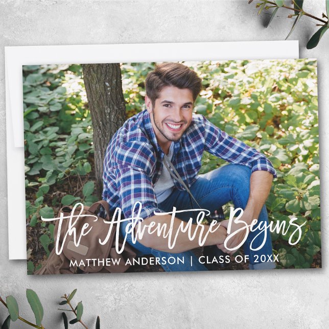 Modern Brush Script Adventure Begins Graduation Announcement (Customize to add text to back of card.)