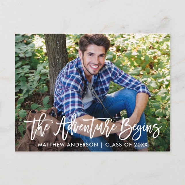 Modern Brush Script Adventure Begins Graduation Postcard (Front)