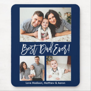 Modern Brush Script Best Dad Ever 3 Photos Blue Mouse Pad