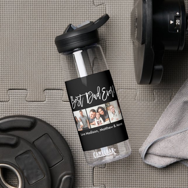 Modern Brush Script Best Dad Ever 3 Photos Water Bottle (Gym)