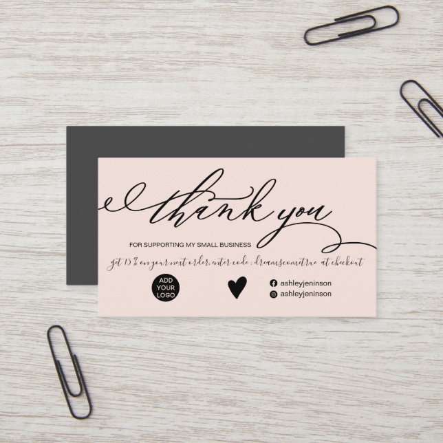 Modern brush script blush order thank you business card (Front/Back In Situ)