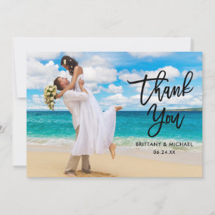 Modern Brush Script Bride Groom Name Photo Wedding Thank You Card