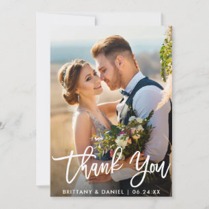 Modern Brush Script Bride Groom Photo Wedding Thank You Card