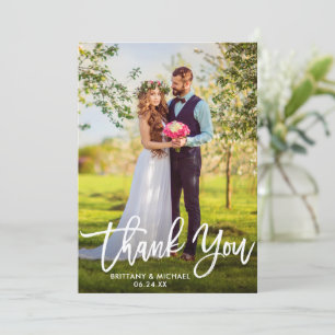 Modern Brush Script Bride Groom Photo Wedding W Thank You Card