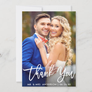 Modern Brush Script Bride Groom Wedding Photo Thank You Card