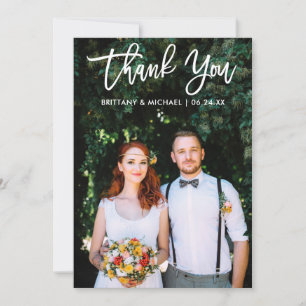 Modern Brush Script Bride Groom Wedding Photo Wt Thank You Card