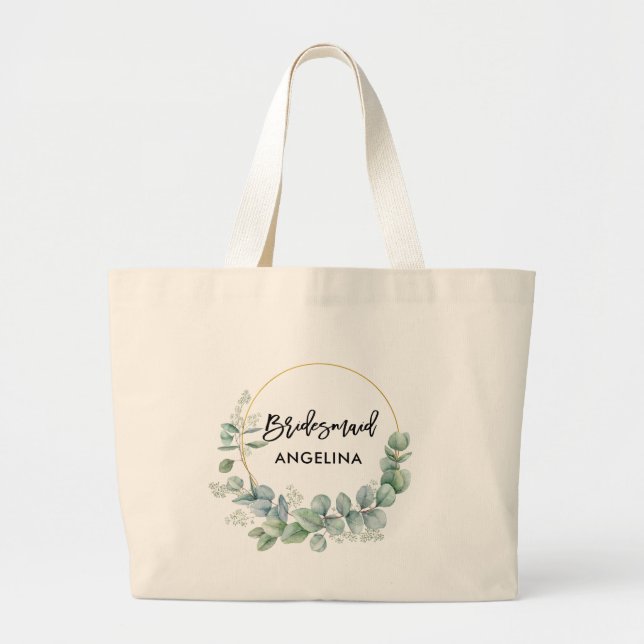 Modern Brush Script Bridesmaid Botanical Greenery Large Tote Bag (Front)