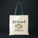 Modern Brush Script Bridesmaid Green White Floral Tote Bag<br><div class="desc">Modern Trendy Brush Script Watercolor Green White Floral Bridesmaid Tote Bag - Green Handle</div>