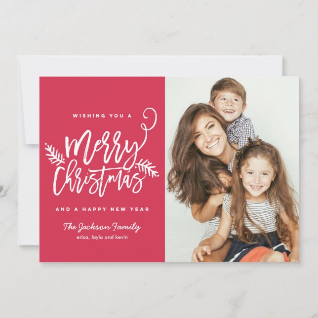 Modern Brush Script Bright Christmas Holiday Photo Card (Front)