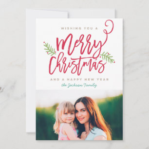 Modern Brush Script Bright Christmas Holiday Photo Card