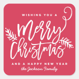 Modern Brush Script Bright Christmas Holiday Red Square Sticker