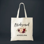 Modern Brush Script Burgundy Floral Bridesmaid Tote Bag<br><div class="desc">Modern Trendy Brush Script Watercolor Burgundy Marsala Floral Bridesmaid Tote Bag</div>