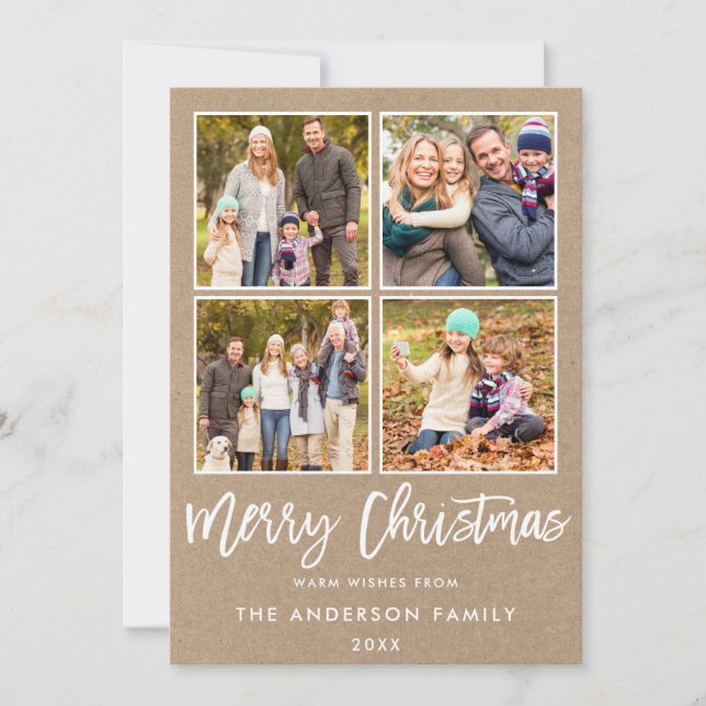 Modern Brush Script Christmas 4 Photo Kraft Holiday Card (Front)