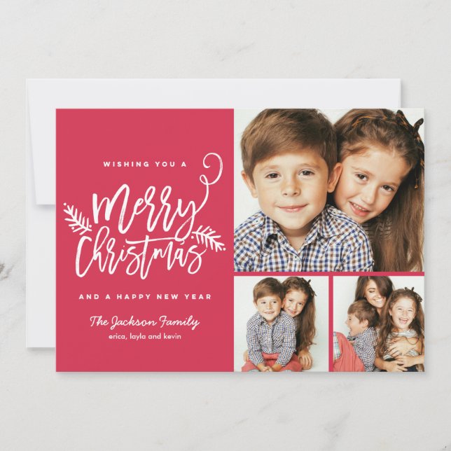 Modern Brush Script Christmas Holiday 3-Photo Card (Front)
