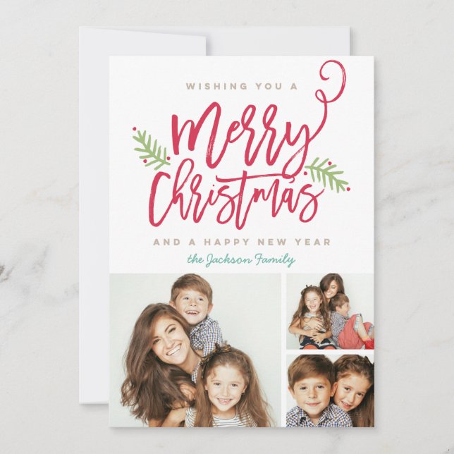 Modern Brush Script Christmas Holiday 3-Photo Card (Front)