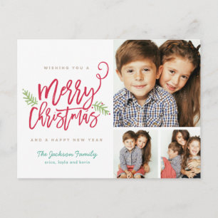 Modern Brush Script Christmas Holiday 3-Photo Postcard