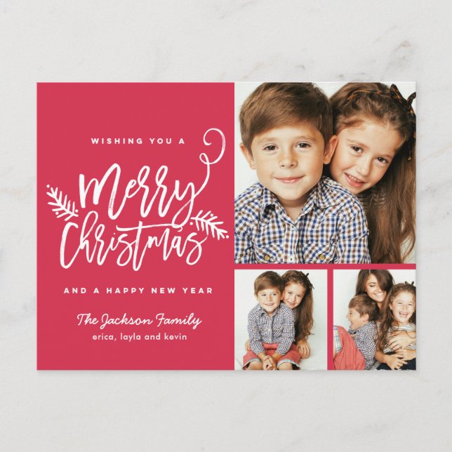 Modern Brush Script Christmas Holiday 3-Photo Postcard (Front)