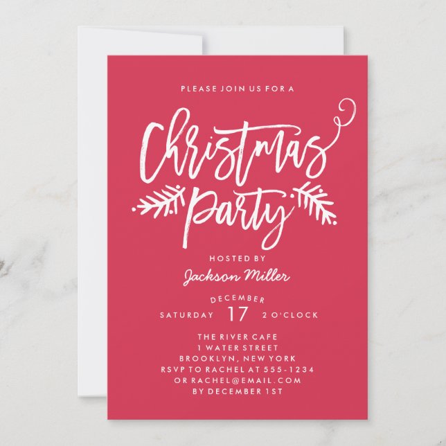 Modern Brush Script Christmas Holiday Party Red Invitation (Front)