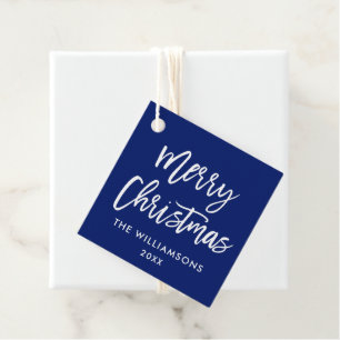 Modern Brush Script Christmas Square Blue Favour Tags