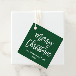 Modern Brush Script Christmas Star Green Square Favour Tags