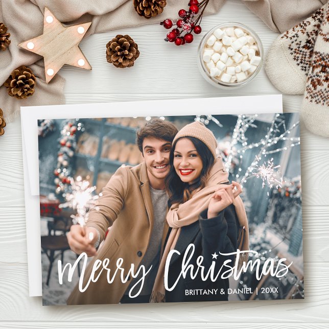 Modern Brush Script Christmas Star Photo Holiday Card (Customize to add text to back of card.)
