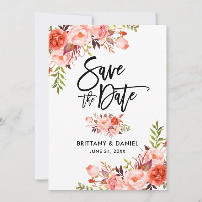 Modern Brush Script Coral Floral Save The Date (Front)