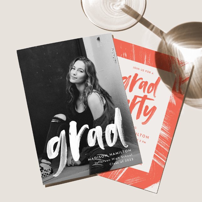 Modern Brush Script Coral Photo Graduation Party Invitation (Creator Uploaded)